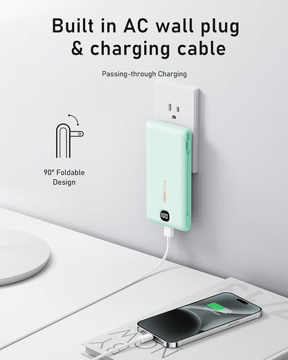 VEEKTOMX Portable Charger with Built in Cables 10000mAh, Power Bank for iPhone with Wall Plug, Travel Essential Fast Charging Slim USB C External Battery Pack for iPhone 17/16/15, Samsung, iPad, etc