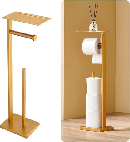 Freestanding Toilet Paper Holder Stand with Storage Tray – Gold Stainless Steel Bathroom Tissue Dispenser, Square Design