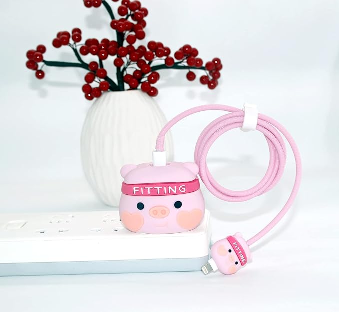 3D Cute Cartoon Charger Protector Case - Compatible for Apple 20W USB-C Power Adapter and Lightning Cable (Pink Pig)