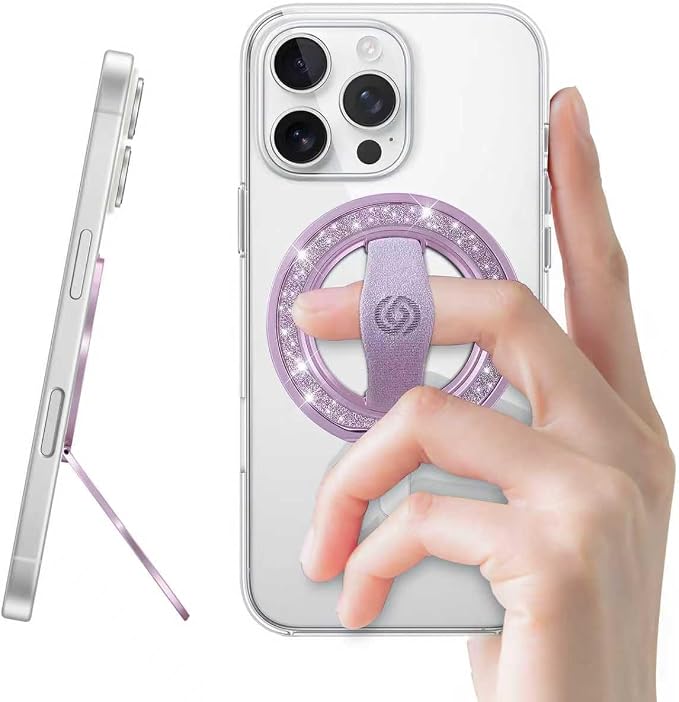 EWA MagOne Cell Phone Grips, Phone Ring Holder Grip Stand, Stylish Twinkle Finger Grip Kickstand 360° Rotation, Compatible with Phone 16 15 14 13 Pro Max Plus-(Glitter Purple)
