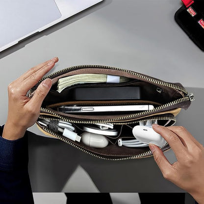 CONTACTS Crazy Horse Leather Travel Electronic Organizer Cables Chargers Accessories Storage Case Holder Clutch Bag with 3 Compartments