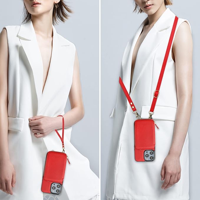 Bocasal RFID Blocking Wallet Case for iPhone 14 Pro, Adjustable Crossbody Zipper Purse Case Card Holder with Kickstand Detachable Wrist Strap, PU Leather Flip Folio Case 6.1 Inch 5G (Red)
