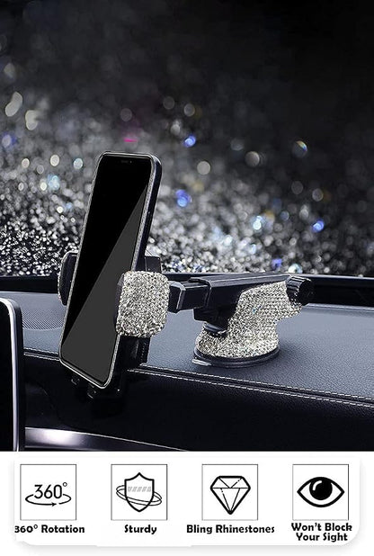 Bling Car Phone Mount Holder,Shiny Crystal Rhinestone Phone Stand for Women and Girls, Car Accessories for Windshield Dashboard,Compatible with Most Cellphones (White)