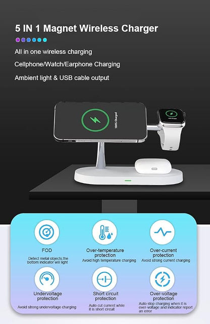 5 in 1 Magnetic Wireless Charging Stand, 15W Fast Mag-Safe Charging Station ，with Neutral Light Design for iPhone 17/16/15/14/13/12 Series, iWatch 7/SE/6/5/4/3/2, Airpods 3/2/Pro (White)