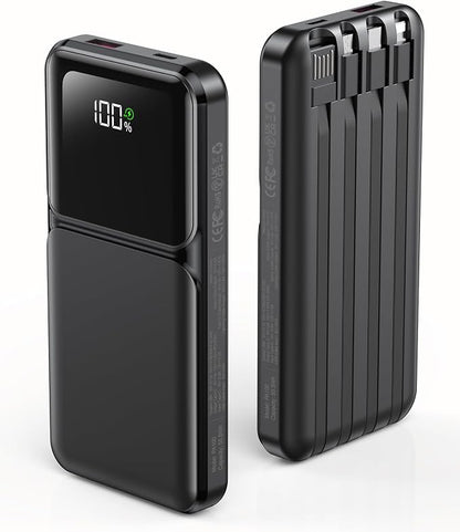 RONEGN Portable Charger with Built in Cable - Power Bank Fast Charging USB C LED Display 10000mah Battery Pack 5 Outputs & 3 Inputs for Travel Essentials iPhone Samsung Android Phones Tablets Black