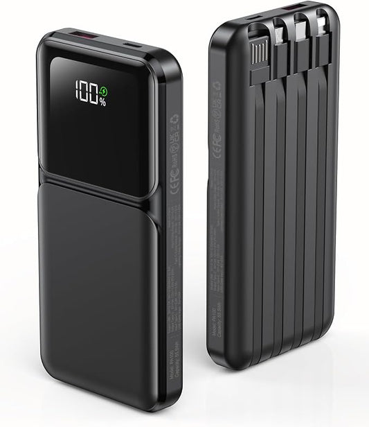 RONEGN Portable Charger with Built in Cable - Power Bank Fast Charging USB C LED Display 10000mah Battery Pack 5 Outputs & 3 Inputs for Travel Essentials iPhone Samsung Android Phones Tablets Black