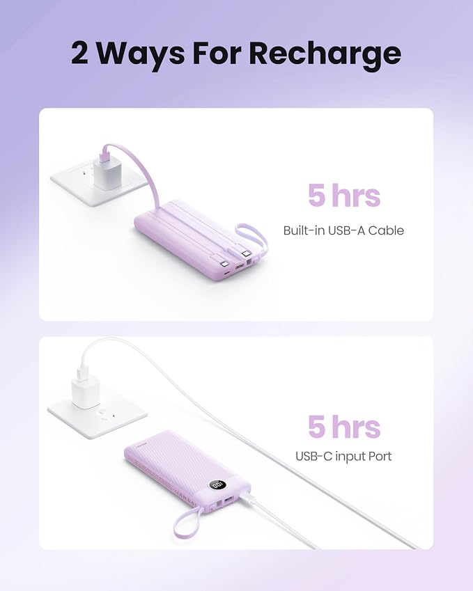 Portable Charger with Built-in Cable, 10000mAh Slim USB C Power Bank, External Battery Pack 5 Outputs 2 Inputs LED Display Compatible with iPhone/Android & More (Lavender)