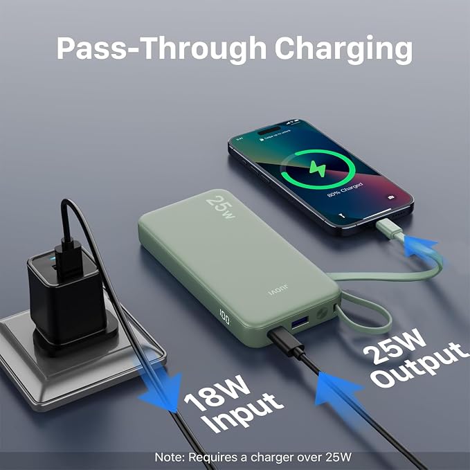 JUOVI 25W Portable Charger 10000mah Power Bank Built-in USB-C Cable | Battery Pack with LED Display, Portable Phone Charger for iPhone 17 16 15 14 Samsung S24 S23 iPad Tablets