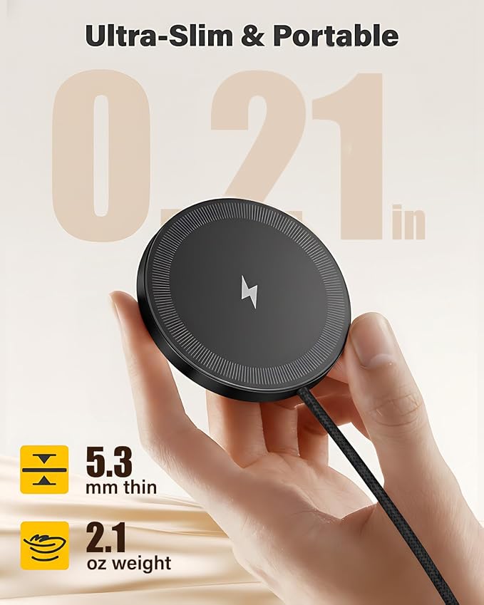 6FT Magnetic Wireless Charger Charging Pad - 15W Qi Fast Phone Charger Puck for Apple iPhone 17 16 15 14 13 12 Series & AirPods 4 3 2 Pro, Phone Charging Pad with Plug for Desk & Travel, 1Pack Black