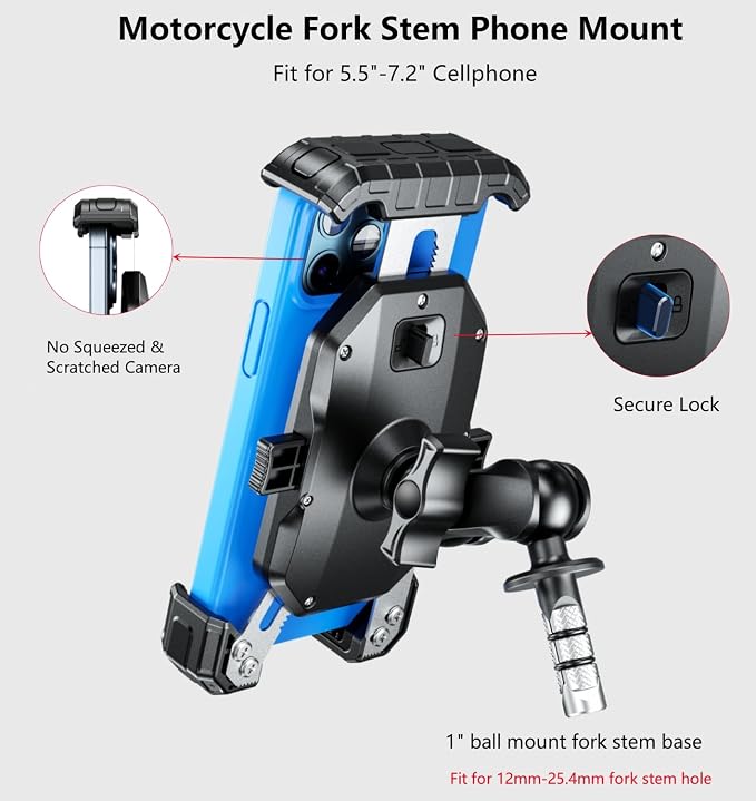 Kewig Motorcycle Fork Stem Phone Mount, with Cap Anti-Theft Short Arm Motorcycle Phone Holder, [1s Lock & Release] Fits for Fork Stem 12-25.4mm in Diameter, for 5.5-7.2" Cellphones