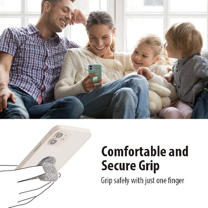 Momostick Flatstick, Cell Phone Finger Grip Strap Holder for Hand, Cell Phone Stand, New Slim Finger Loop Selfie Grip Compatible with Most Smartphones - Glitter Silver