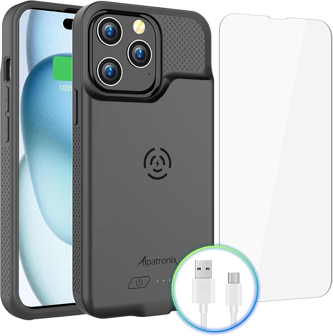 Alpatronix Battery Case for iPhone 15 Pro & 15, Portable Strong Slim Protective Extended Charger Cover, 15W Fast Charging, 7000mAh Wireless Charging Case, Apple Pay, CarPlay (BX15) –Dark Black