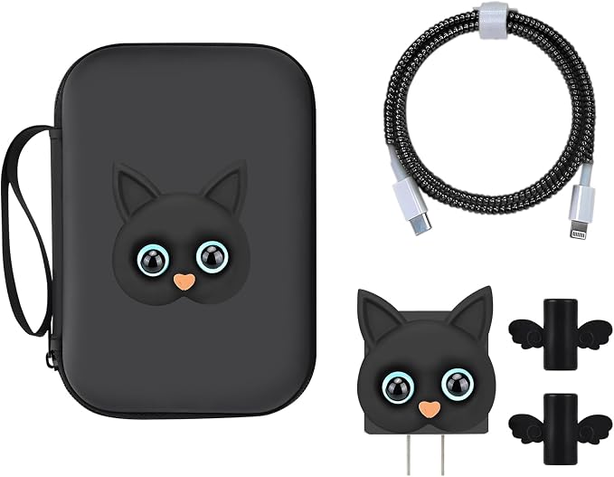 CameCosy DIY Phone Charger Case Storage Sets Cable Protector Earphone Wire Saver with Lovely Travel Cable Storage Bag, Cute Cable Charger Protector Cord Organizer for iPhone (Black Cat)