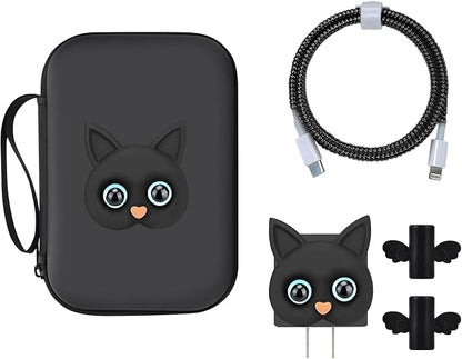 CameCosy DIY Phone Charger Case Storage Sets Cable Protector Earphone Wire Saver with Lovely Travel Cable Storage Bag, Cute Cable Charger Protector Cord Organizer for iPhone (Black Cat)