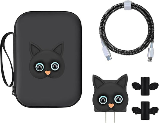 CameCosy DIY Phone Charger Case Storage Sets Cable Protector Earphone Wire Saver with Lovely Travel Cable Storage Bag, Cute Cable Charger Protector Cord Organizer for iPhone (Black Cat)
