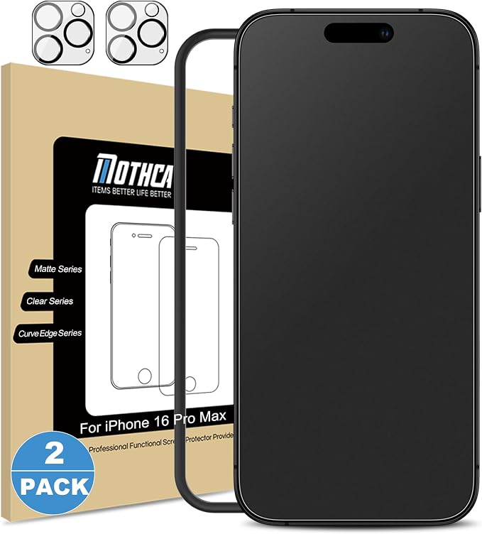 Mothca 2 Pack Matte Glass Screen Protector for iPhone 16 Pro Max[6.9 inch] + 2 Pack Camera Lens Protector, Anti-Glare & Anti-Fingerprint Tempered Glass (Not Privacy Film) Bubble Free, Smooth as Silk