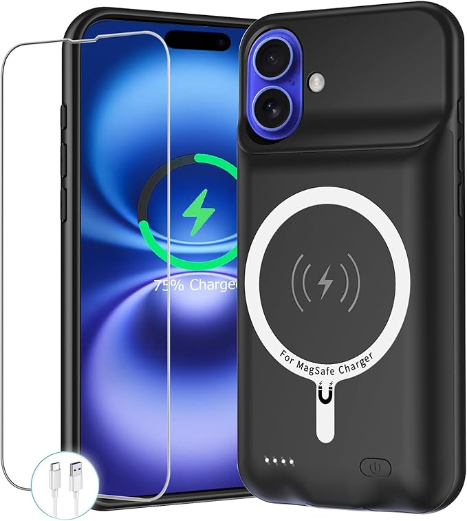 Battery Case for iPhone 16, Upgraded 10000mAh Portable Protective Charging Case with Wireless Charging Compatible with iPhone 16 (6.1 inch) Rechargeable Battery Pack Charger Cover with Carplay (Black)