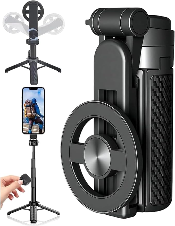 Magsafes Tripod Stand for iPhone,4 in 1 Multifunctional Magnetic Selfie Stick,360° Rotation Phone Tripod with Wireless Remote for iPhone & Android,for Cell Phone Video Recording Travel (Black)