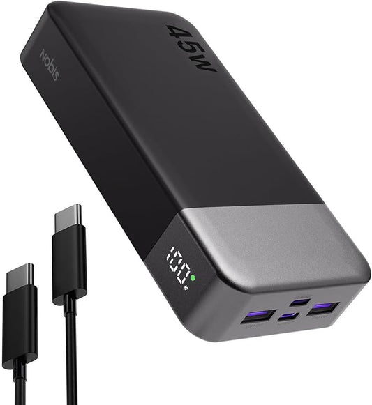 NOBIS Portable Charger 45W 20000mAh Power Bank Fast Charging | 2C+2A Battery Pack with C to C Cable, Battery Bank with Digital Display for iPhone Android Laptop etc