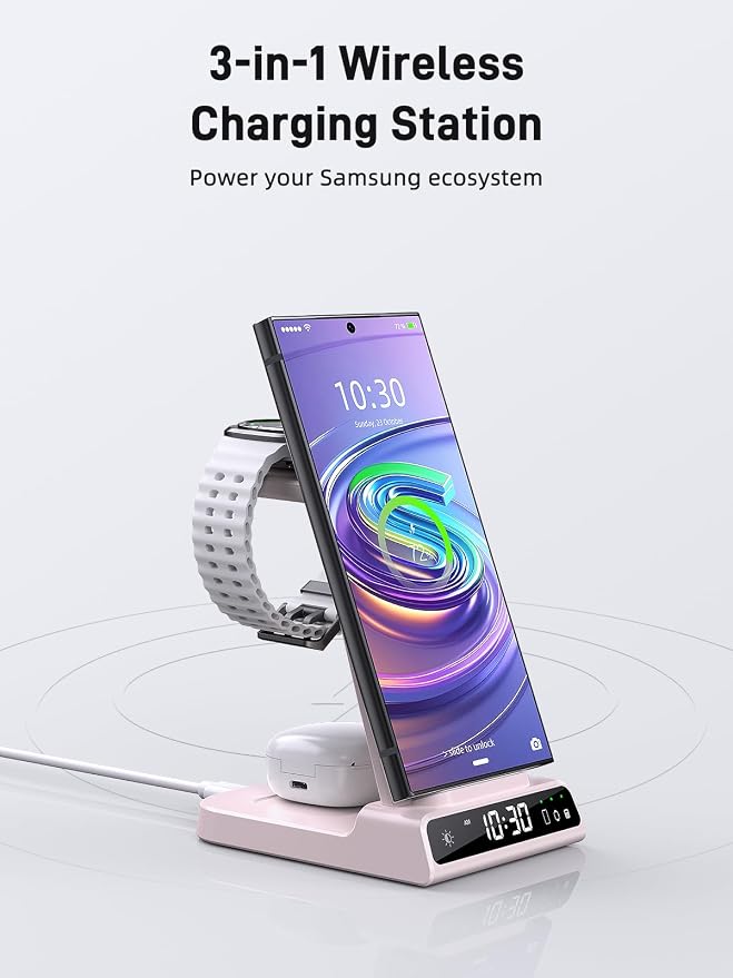 Wireless Charger Samsung Charging Station: 3 in 1 Android Charging Stand with Dimmable Clock - Nightstand Organizer for Galaxy S25 Ultra S24, Galaxy Watch 8 7 6 5 4, Galaxy Buds, Space-Saving Charger