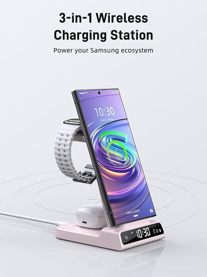 Wireless Charger Samsung Charging Station: 3 in 1 Android Charging Stand with Dimmable Clock - Nightstand Organizer for Galaxy S25 Ultra S24, Galaxy Watch 8 7 6 5 4, Galaxy Buds, Space-Saving Charger