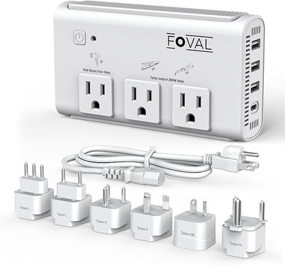 220V to 110V Travel Voltage Converter, FOVAL 2000W Power Converter for Hair Dryer, Straightener/Curling Iron with 4-Port USB (1 USB C), Step Down Transformer for US/EU/UK/AU/SA/Italy/India