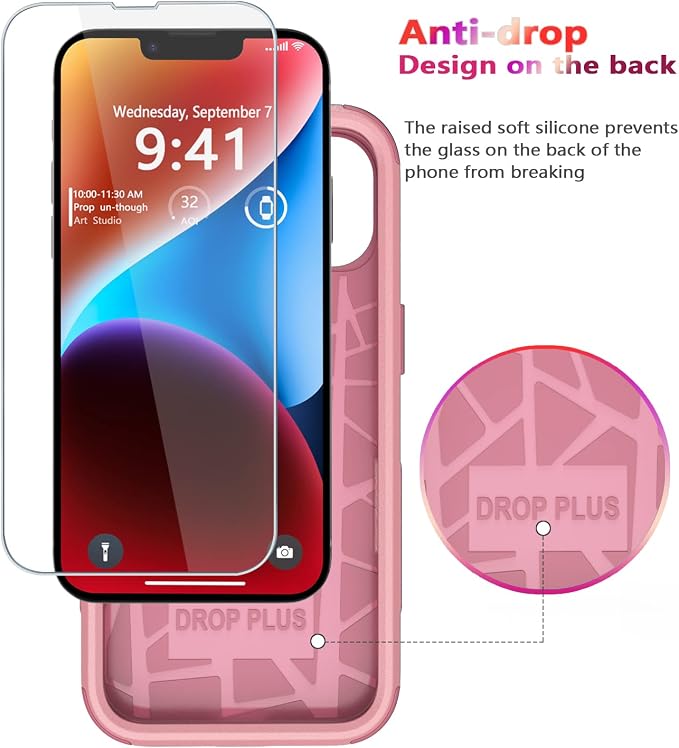 Diverbox for iPhone 14 Case [Shockproof] [Dropproof] [Tempered Glass Screen + Camera Lens Protector],Heavy Duty Protection Phone Case Cover for Apple iPhone 14 (Pink)
