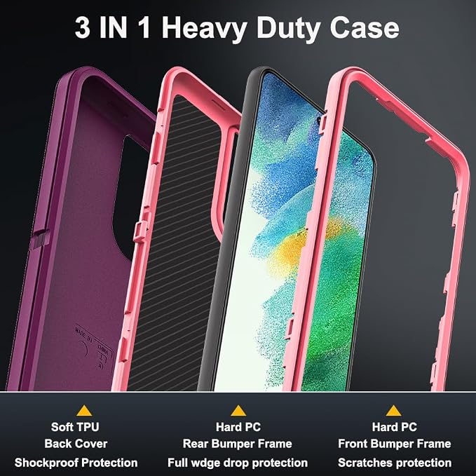 for Samsung Galaxy S21 FE Case with 2Pcs Screen Protector and 1Pcs Camera Lens Protector, Military Grade Heavy Duty Shockproof/Drop Proof/Dust Proof Case (Wine Red/Rose Pink)