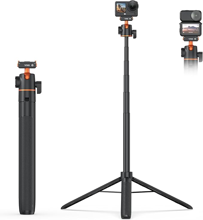VRIG 55" Action Camera Selfie Stick Tripod for DJI Osmo Action 6/ Osmo Nano, Dual-Direction Magnetic Quick Release Adapter, 360° Ball Head & Cold Shoe Mount, 13 to 55 inches Extendable Rod, AC-71