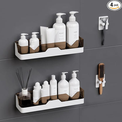 2-Pack Adhesive Shower Caddy, Shower Shelves with Hooks, No Drilling Shower Racks for inside shower & Kitchen Storage (Gold)