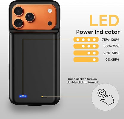 Battery Case for iPhone 17 Pro Max (6.9 inch), 7000mAh Ultra-Slim Protective Extended Charging Charger Case, 15W Fast Charging Rechargeable Battery Pack with Tempered Glass Screen Protector- Black