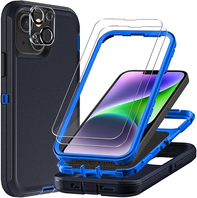 for iPhone 14 Plus Case with 2Pcs Tempered Glass Screen Protector and 1Pcs Camera Lens Protector, Military Grade 3 in 1 Heavy Duty Shockproof/Drop Proof/Dust Proof Case (Navy Blue)