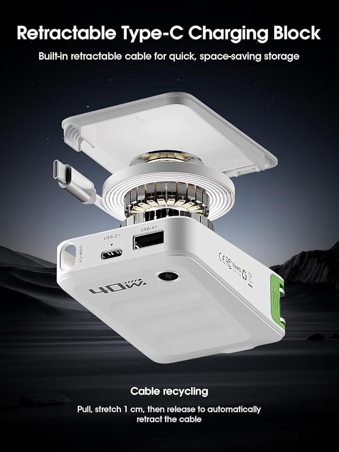2026 ETODBUWS 3 in 1 GaN Charger,40W PD Fast Charging Blocks with Retractable Type C Cable and Dual Port Travel Charger,USB Chargers with Foldable Plug for iPhone 17/16/15,Galaxy,Pixel-White
