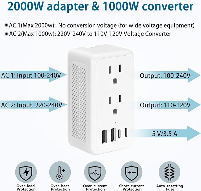 2000W 220V to 110V Voltage Converter US to Europe for Hair Dryer, Converter for European Travel (White)