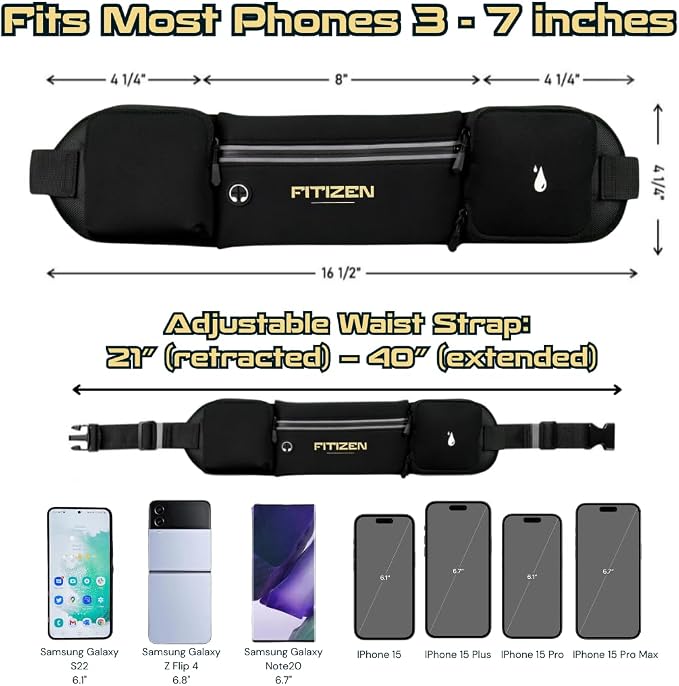 Fitizen Fanny Pack - 3 Pockets - Up To 36 in" Waist - Slim Walking Belt For Men & Women Hiking Cycling Workouts Walking & Travel - Reflective Pocket & Phone Holder for the Fit Citizen By Fitnation