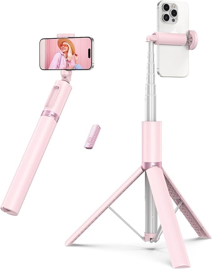 ATUMTEK 55" Selfie Stick Tripod, All-in-one Extendable Aluminum Phone Tripod with Rechargeable Bluetooth Remote for iPhone and More, Fitting 4.7-7 inch Smartphones, Pink