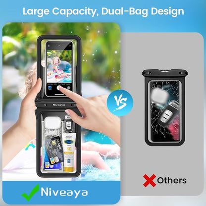 Niveaya Double Space Waterproof Phone Pouch - 2 Pack, Waterproof Phone Lanyard Case with iPhone 17/16/15/14/13 Pro Max up to 8.3", Phone Dry Bags for Vacation Beach Pool Kayak Cruise Travel Essentials