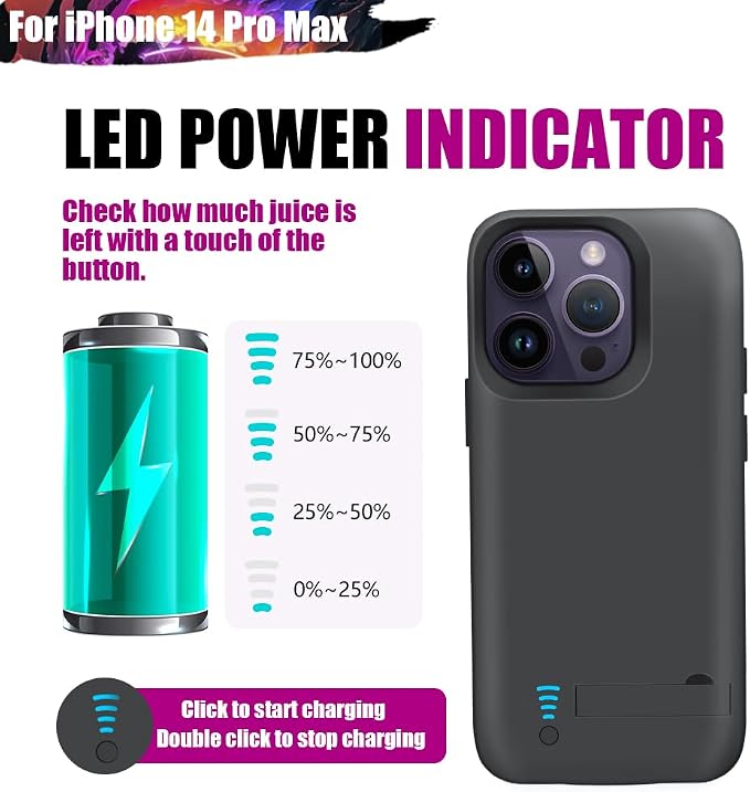 Battery Case for iPhone 14 Pro Max, 6000mAh Rechargeable Extended Battery Charging Charger Case, Add 100% Extra Juice (6.7 Inches) Black