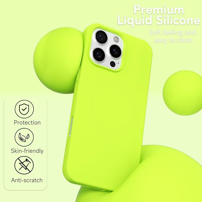 for iPhone 16 Pro Case Silicone Compatible with Magsafe Case, Ultra Slim Thin Magnetic Phone Cases Mag Safe, Cute Soft Rubber Gel TPU Matte Plain Wireless Charging Cover for Women, Neon Green