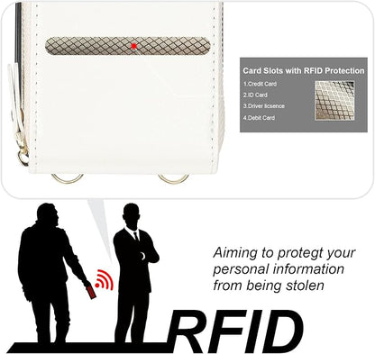 KIHUWEY Crossbody Wallet Case for iPhone 15 Pro Max, Zipper Pocket PU Leather RFID Blocking Protective Cover Case with Kickstand and Detachable Wrist Strap Lanyard 6.7" (White)