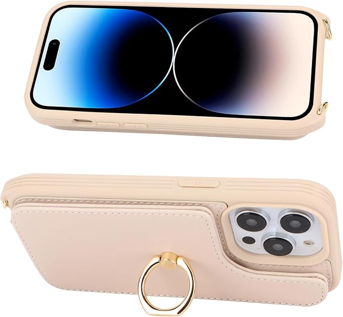 Lipvina for iPhone 14 Pro Case with Card Holder for Women,Phone Case with Strap,Crossbody Lanyard,RFID Blocking,Ring Stand,Snap Clasp,Cute Wallet Cases 6.1 inch (Beige)