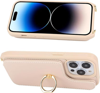 Lipvina for iPhone 14 Pro Case with Card Holder for Women,Phone Case with Strap,Crossbody Lanyard,RFID Blocking,Ring Stand,Snap Clasp,Cute Wallet Cases 6.1 inch (Beige)