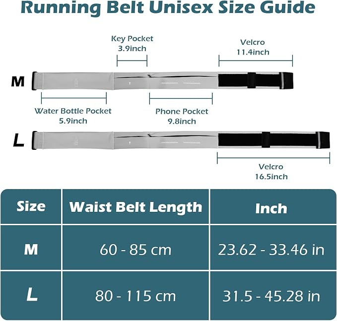 Lsnisni Slim Running Belt for Men and Women, Running Waist Pack with Water Bottle & Towel, Multi Pocket Fanny Pack - Phone Holder, Adjustable for Running, Climbing - Medium - Grey