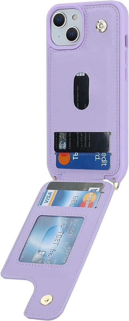 Lipvina for iPhone 14 Plus Case with Card Holder and Strap for Women,Crossbody Lanyard,RFID Blocking,Stand Ring Kickstand,Snap Clasp,Phone Wallet Cases 6.7 inch(Purple)