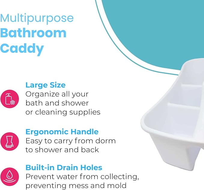 LavoHome Bath Caddie White - Totes with Divided Compartments and Handles for Organizing, Storing & Carrying Cleaning Supplies and Bathroom Accessories (Large Cleaning Caddy)