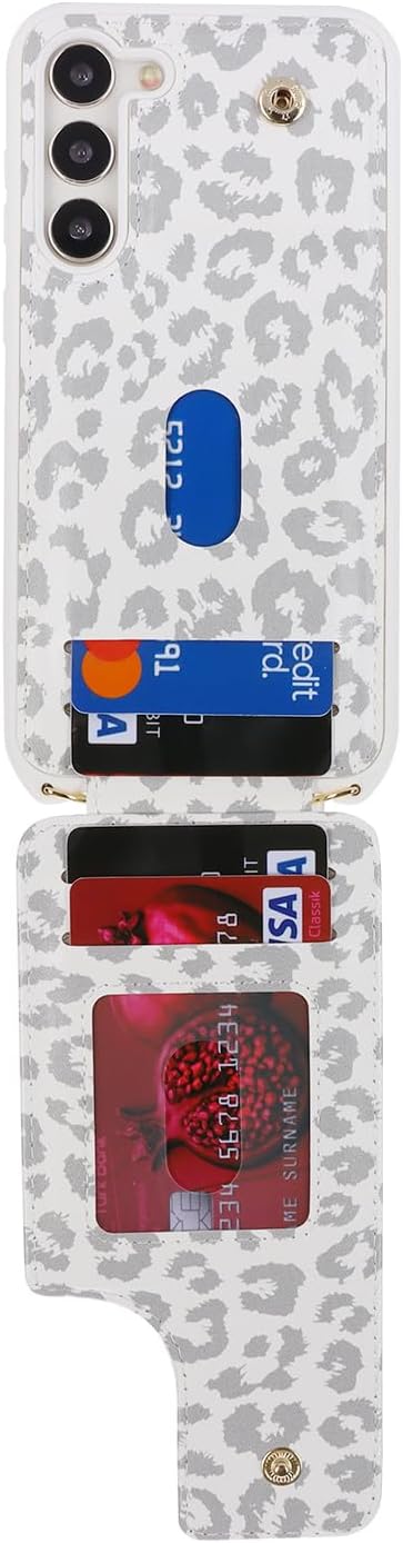 Lipvina for Samsung Galaxy S22 Case with Card Holder and Strap for Women,Crossbody Lanyard,RFID Blocking,Ring Stand,Snap Clasp,Cute Phone Wallet Cases 6.1 inch(White Leopard)