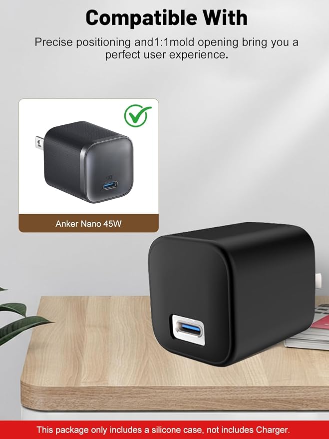 Silicone Protective Case for Anker Nano 45W USB-C Charger, Full-Body Protective Cover with Precise Cutouts, Shockproof Dustproof Charging Block Protector Sleeve & Scratch-Resistant Sleeve (Black)