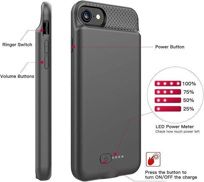 BOPPS Battery Case for iPhone 8/7/6s/6/SE(2022/2020), Ultra Slim Powerful 6000mAh Charging Case 360°Protection Rechargeable Extended Battery Charger Cases for iPhone 8/7/6s/6/SE(3rd and 2nd gen)