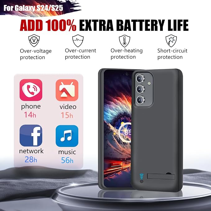 Battery Case for Samsung Galaxy S25 / S24, 5000mAh Rechargeable Extended Battery Charging Charger Case, Add 100% Extra Juice (6.2 Inches) Black