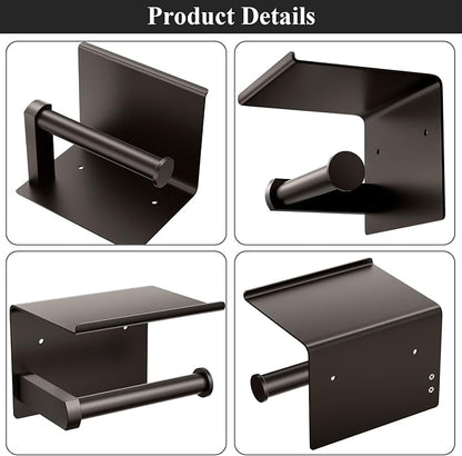 Tindbea Toilet Paper Holder with Phone Shelf, Adhesive or Screw Wall Mount Toilet Tissue Roll Holder, Rustproof & Multifunctional Stainless Steel Bathroom Storage Dispenser (Bronze)